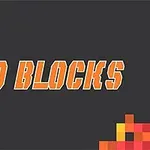 Tekst 10 Blocks i oransje bokstaver med fargerike pikselmønstre i hjørnene på en mørk bakgrunn