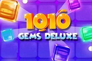 Fargerike blokker omgir teksten 1010 Gems Deluxe mot en lilla rutet bakgrunn