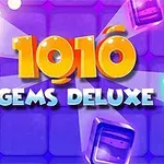 Fargerike blokker omgir teksten 1010 Gems Deluxe mot en lilla rutet bakgrunn