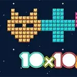 En mosaikk av fargerike blokker danner et katteliknende ansikt, et pluss-tegn, og et hjerte over teksten 10x10!