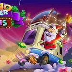 Julenissen kjører en bil fylt med juveler og godteri gjennom en snøstorm, med fargerike lys og et tegn med teksten 10x10 Winter Gems øverst