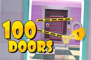 Tall med teksten 100 Doors og en illustrasjon av en dør sperret med advarselsbånd og en stor, gul nøkkel