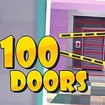 Tall med teksten 100 Doors og en illustrasjon av en dør sperret med advarselsbånd og en stor, gul nøkkel