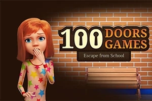 En animerte jente med rødt hår står ved siden av teksten 100 Doors Games foran en mursteinsvegg og benk