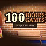 En animerte jente med rødt hår står ved siden av teksten 100 Doors Games foran en mursteinsvegg og benk