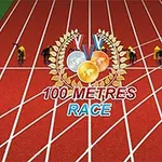Løpere ved startblokkene på en rød løpebane med teksten 100 Metres Race og medaljer illustrert over