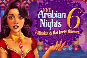 En illustrasjon av en kvinne i rød kjole med tekst 1001 Arabian Nights 6: Alibaba & the forty thieves i bakgrunnen