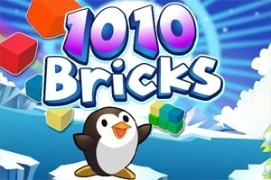 En pingvin står på is med fargerike, flytende blokker i bakgrunnen, under teksten 1010 Bricks