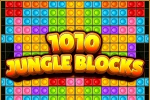 Fargerike blokker i et rutenett med teksten 1010 Jungle Blocks i gule bokstaver