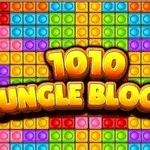 Fargerike blokker i et rutenett med teksten 1010 Jungle Blocks i gule bokstaver