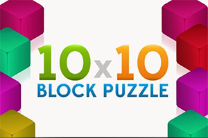 Fargerike tredimensjonale klosser rundt teksten «10x10 Block Puzzle» på hvit bakgrunn