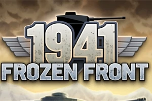 Stor tekst med 1941 Frozen Front foran en silhouett av en tank mot en tåket bakgrunn
