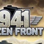 Stor tekst med 1941 Frozen Front foran en silhouett av en tank mot en tåket bakgrunn