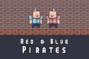 To pixelkarakterer i stripete skjorter står på en murbakgrunn med teksten Red & Blue Pirates under