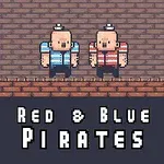 To pixelkarakterer i stripete skjorter står på en murbakgrunn med teksten Red & Blue Pirates under