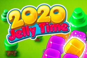 Fargerik grafikk med teksten 2020 Jelly Time og søte, geometriske former i et grønt landskap