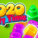 Fargerik grafikk med teksten 2020 Jelly Time og søte, geometriske former i et grønt landskap