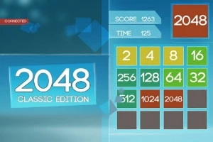Blått grensesnitt med tallruter fra et puslespill og teksten 2048 Classic Edition