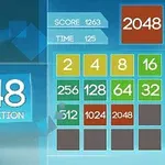 Blått grensesnitt med tallruter fra et puslespill og teksten 2048 Classic Edition