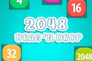 Fargerike nummererte blokker, inkludert 4, 16, 32 og 2048, mot en blå bakgrunn med teksten 2048 Drag n Drop i midten
