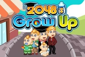 Tegneseriestil illustrasjon viser en gruppe barn i forskjellige aldre i en bygatescene, med teksten 2048 Grow Up i bakgrunnen