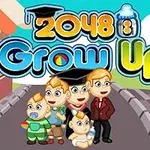 Tegneseriestil illustrasjon viser en gruppe barn i forskjellige aldre i en bygatescene, med teksten 2048 Grow Up i bakgrunnen