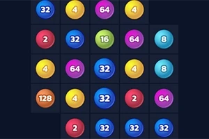 Et rutenett med fargerike, nummererte kuler, inkludert tallene 2, 4, 8, 16, 32, 64, og 128, på en svart bakgrunn