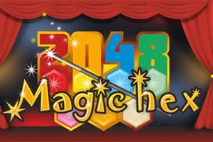 Fargerikt logo-design med tallene 2048, magisk stav og ordet Magic Hex foran røde teatergardiner