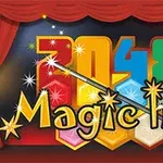 Fargerikt logo-design med tallene 2048, magisk stav og ordet Magic Hex foran røde teatergardiner