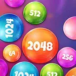 Fargerike bobler med tall som 2048, 1024, 512, og 128, mot en mørk bakgrunn