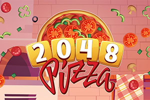 Fargerik illustrasjon av en pizza med tomater og tallet 2048 over, med ordet «Pizza» i rødt