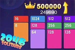 Fargerike rektangler med tall, en krone ved siden av tallet 500000, og teksten 2048 Solitaire i hjørnet