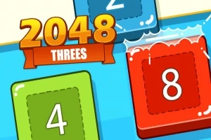 Fargerike tallblokker med numrene 4 og 8 vises sammen med teksten 2048 Threes på en blå bakgrunn