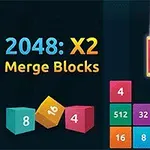 Fargerike nummerblokker og teksten 2048: X2 Merge Blocks på mørk bakgrunn