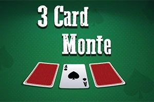 Tre spillekort med to bakside opp og ett ess med spar vendt opp, plassert mot en grønn bakgrunn med teksten 3 Card Monte over