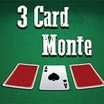 Tre spillekort med to bakside opp og ett ess med spar vendt opp, plassert mot en grønn bakgrunn med teksten 3 Card Monte over