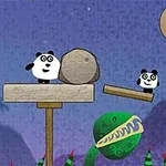 To pandaer og en ballong i en tegneserieverden med en kjøttetende plante i bakgrunnen