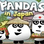 Tre pandabjørner med japansk-inspirert hodeplagg og sushi står foran en frodig bakgrunn med teksten 3 Pandas in Japan