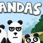 Tre tegneserie-pandaer foran en strand med seilbåt i bakgrunnen, og teksten 3 Pandas øverst