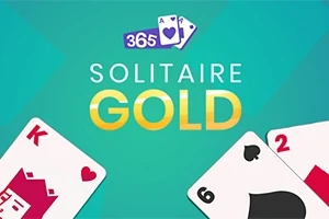Tekst Solitaire Gold med kortene konge, to og seks i forgrunnen på en turkis bakgrunn