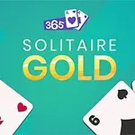 Tekst Solitaire Gold med kortene konge, to og seks i forgrunnen på en turkis bakgrunn