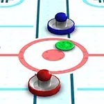To luftishockeykøller, en blå og en rød, samt en grønn puck på et luftishockeybord med poengtavler som viser 0-2