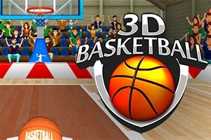 En basketballbane med publikummere i bakgrunnen og en stor 3D Basketball-logo i forgrunnen