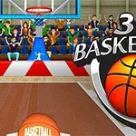 En basketballbane med publikummere i bakgrunnen og en stor 3D Basketball-logo i forgrunnen