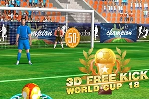 En fotballspiller i blå drakt står klar til å ta et frispark foran et mål, med tekst og grafikk for 3D Free Kick World Cup 18 i forgrunnen