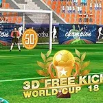 En fotballspiller i blå drakt står klar til å ta et frispark foran et mål, med tekst og grafikk for 3D Free Kick World Cup 18 i forgrunnen