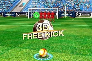 Fotballbane med en ball i forgrunnen, spillere i røde drakter i en mur foran målet, og teksten 3D FREE KICK
