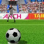 En fotball ligger på gresset foran en keeper som står klar foran målet i et stadium