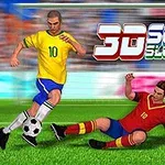 To fotballspillere i gule og røde drakter konkurrerer om ballen på en grønn fotballbane, med teksten 3D Soccer Slot Machine i bakgrunnen