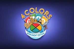 Logo med teksten 4 Colors Monument Edition omgitt av illustrasjoner av kjente monumenter og fargerike kort på en blå bakgrunn